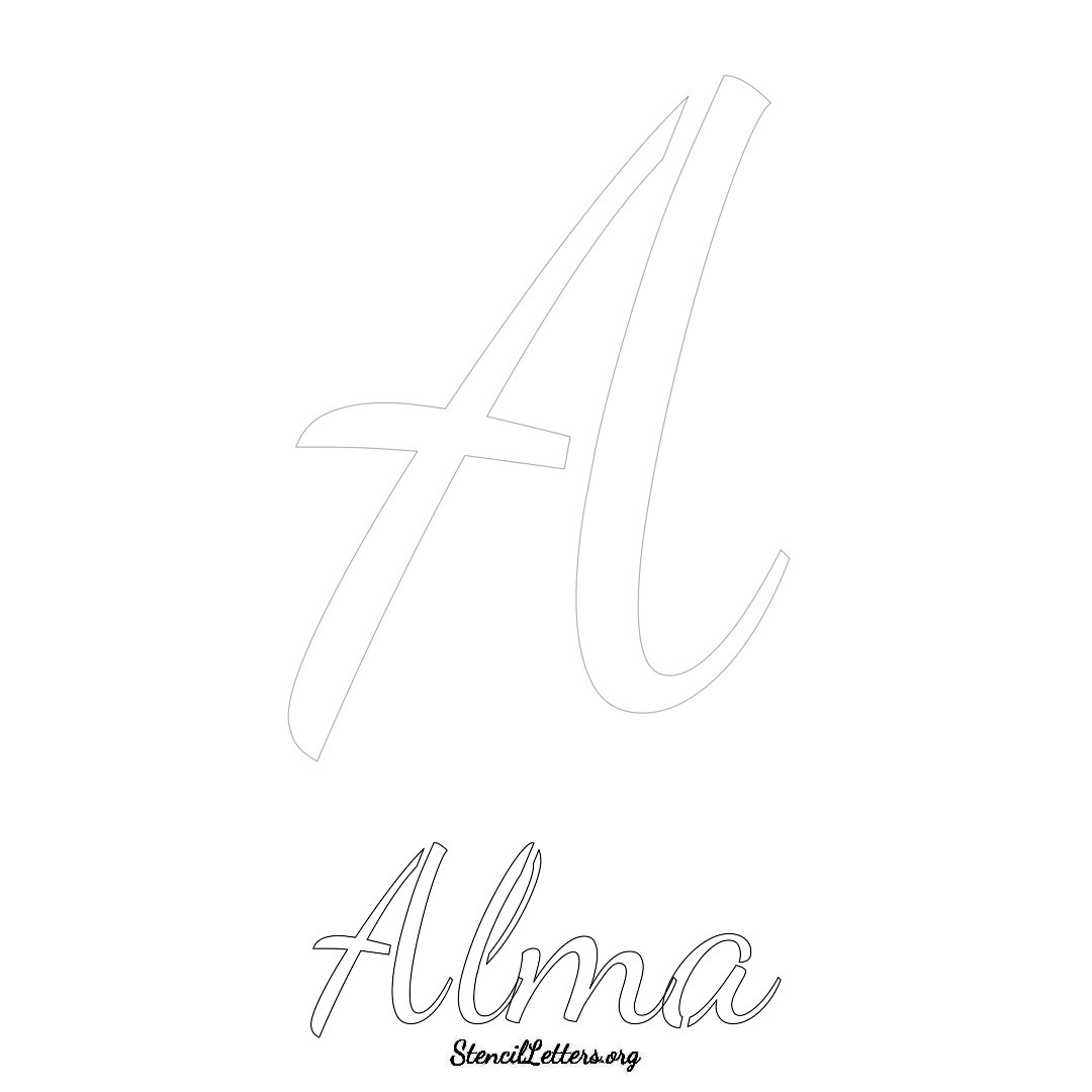 Alma printable name initial stencil in Cursive Script Lettering
