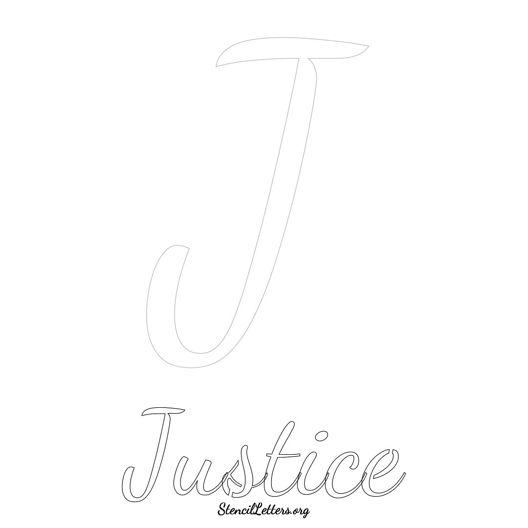 Justice printable name initial stencil in Cursive Script Lettering