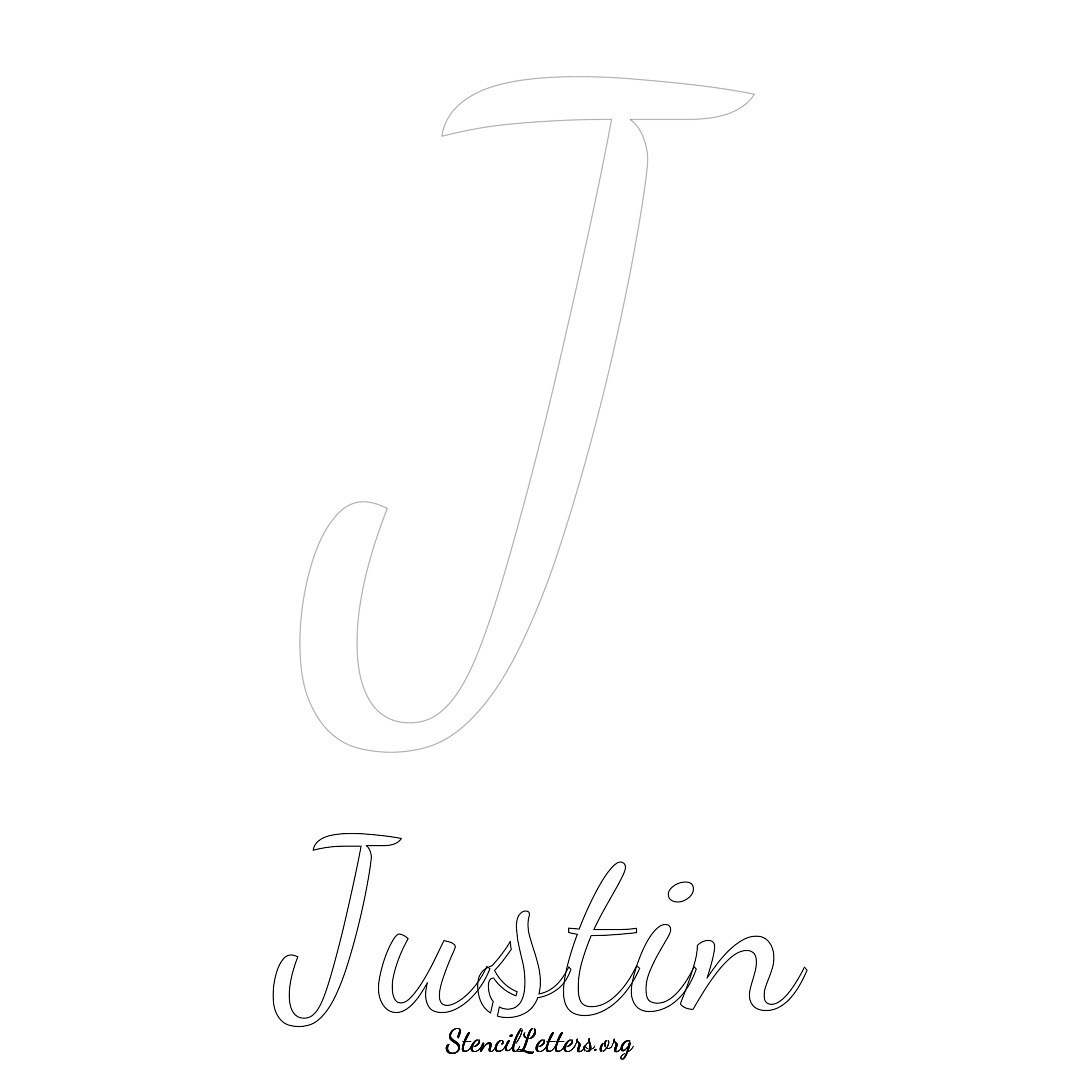 Justin printable name initial stencil in Cursive Script Lettering