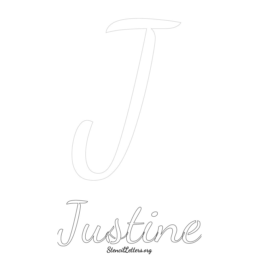 Justine printable name initial stencil in Cursive Script Lettering