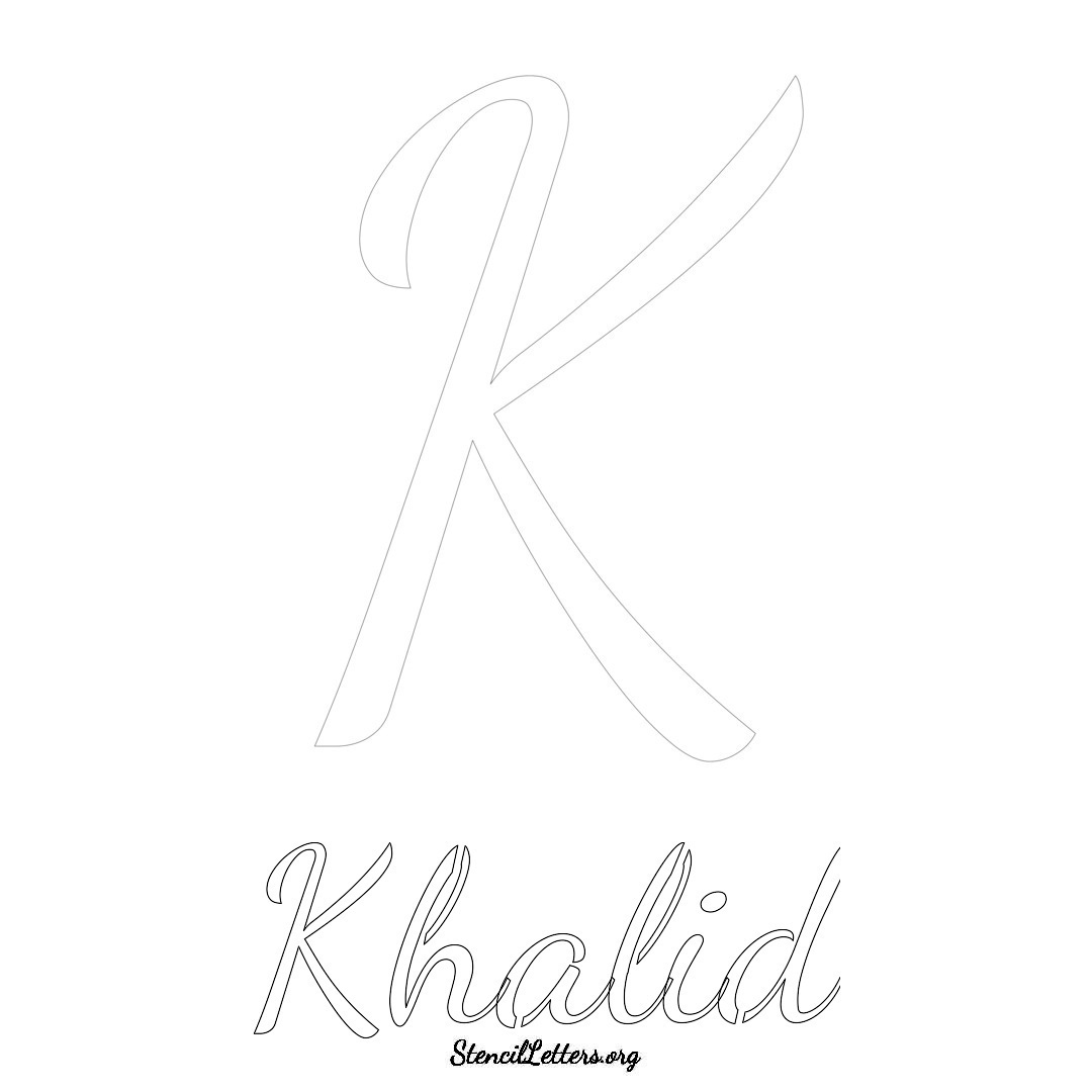 Khalid printable name initial stencil in Cursive Script Lettering