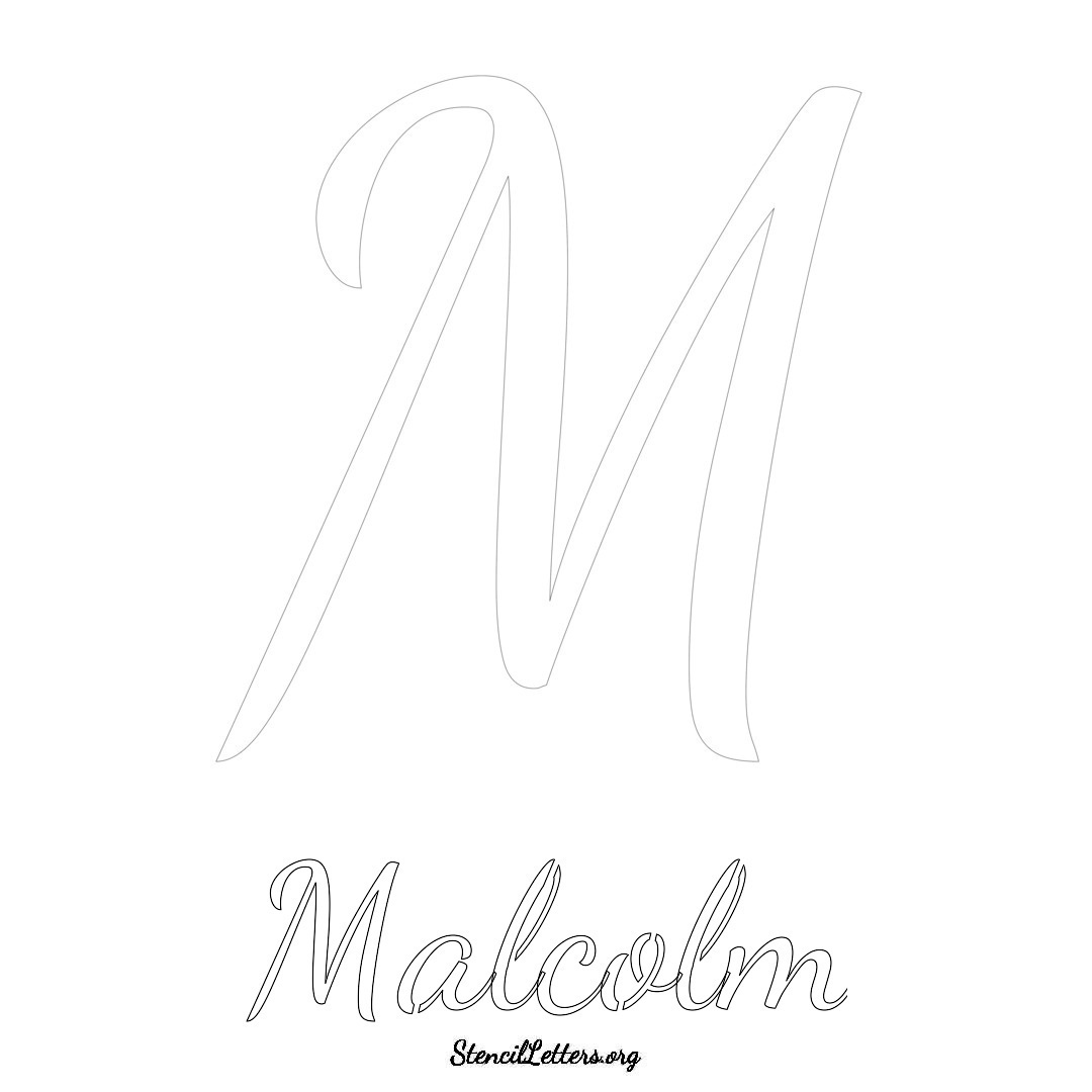 Malcolm printable name initial stencil in Cursive Script Lettering