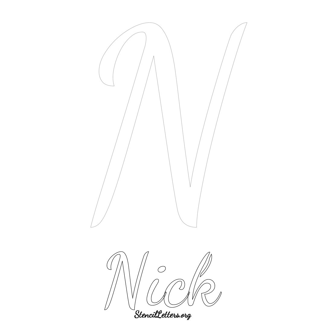 Nick printable name initial stencil in Cursive Script Lettering