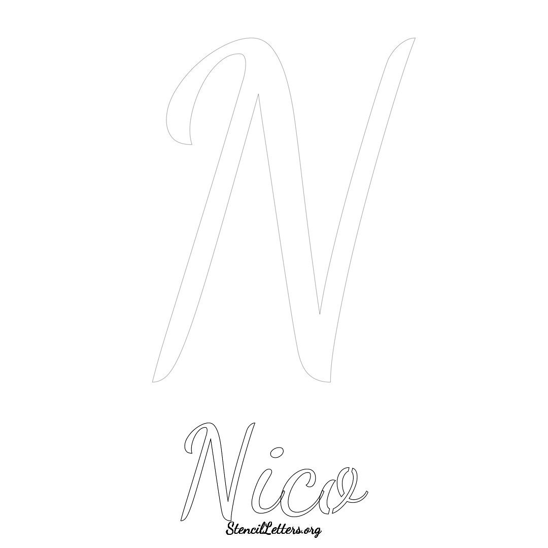 Nico printable name initial stencil in Cursive Script Lettering