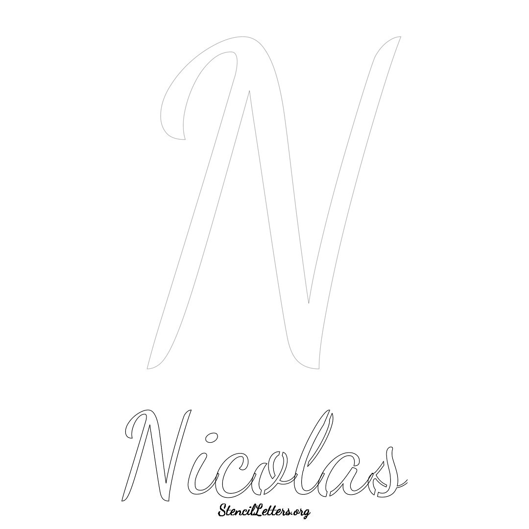 Nicolas printable name initial stencil in Cursive Script Lettering