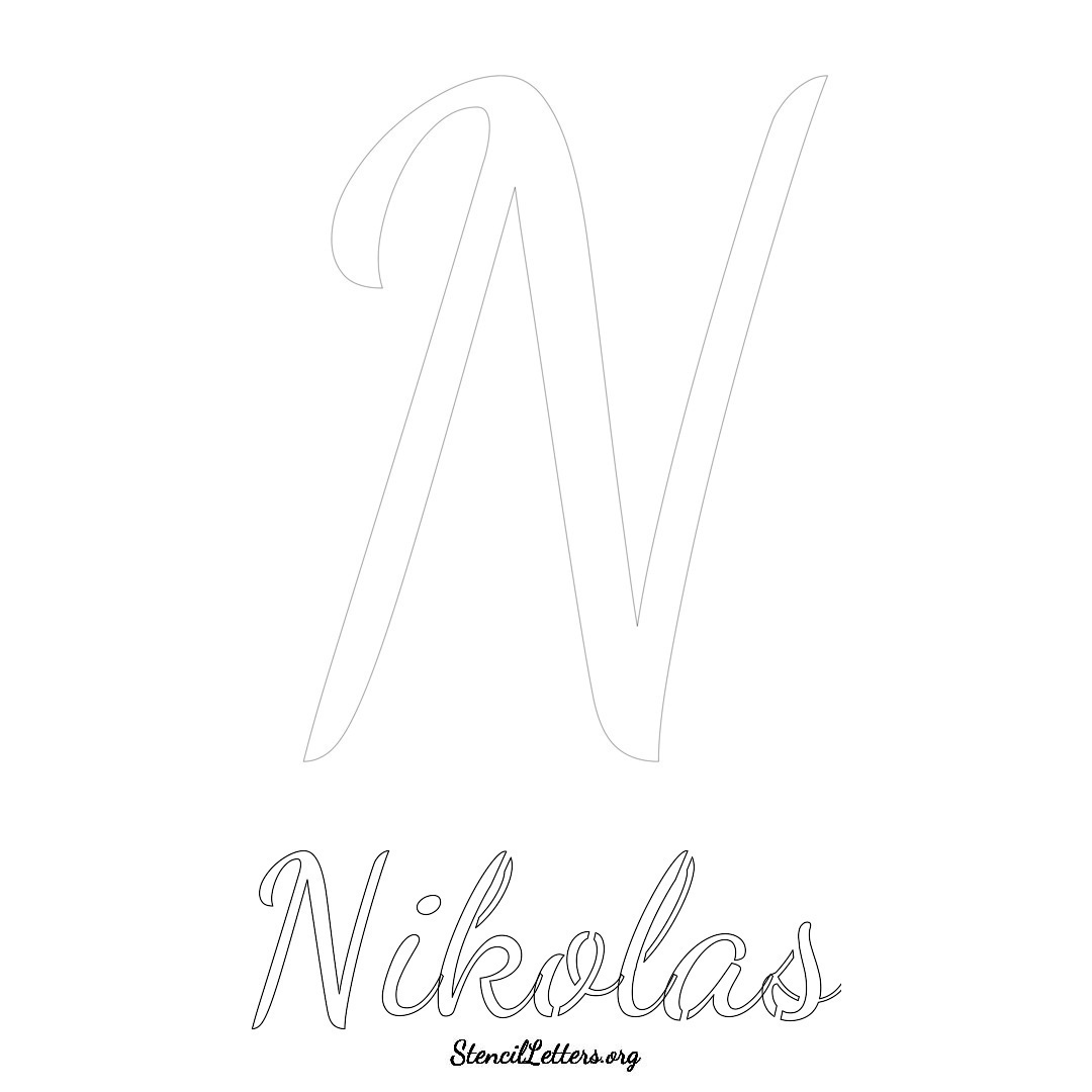 Nikolas printable name initial stencil in Cursive Script Lettering