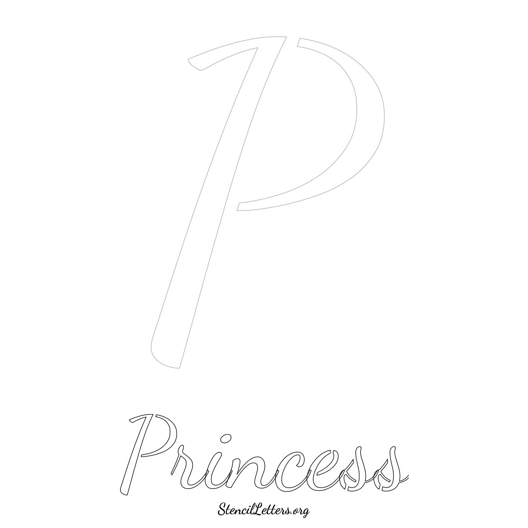 Princess printable name initial stencil in Cursive Script Lettering