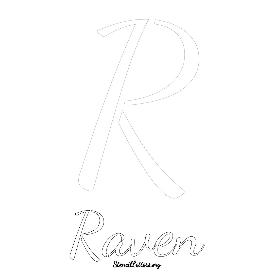 Raven printable name initial stencil in Cursive Script Lettering