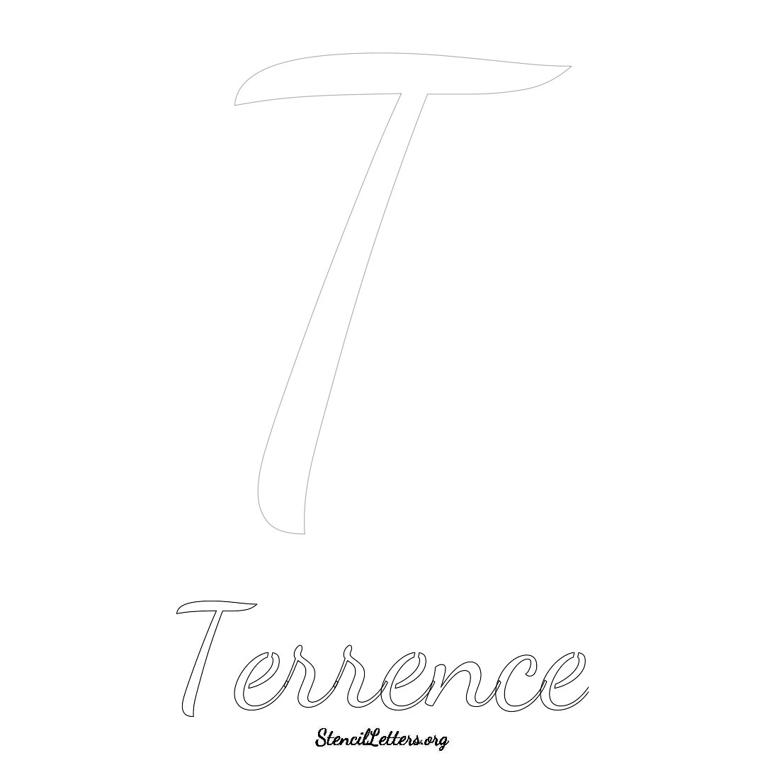 Terrence printable name initial stencil in Cursive Script Lettering