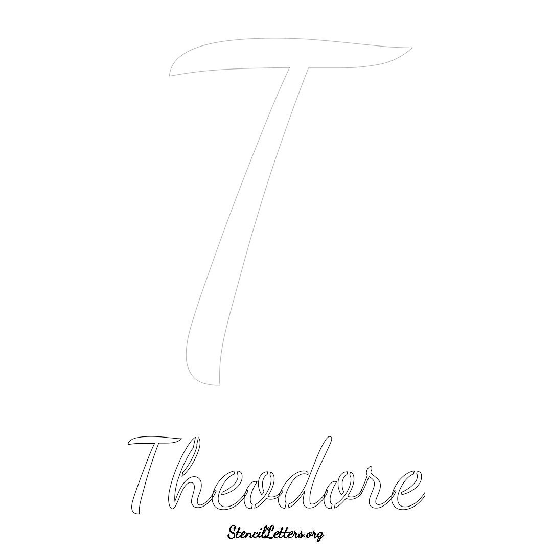 Theodore printable name initial stencil in Cursive Script Lettering