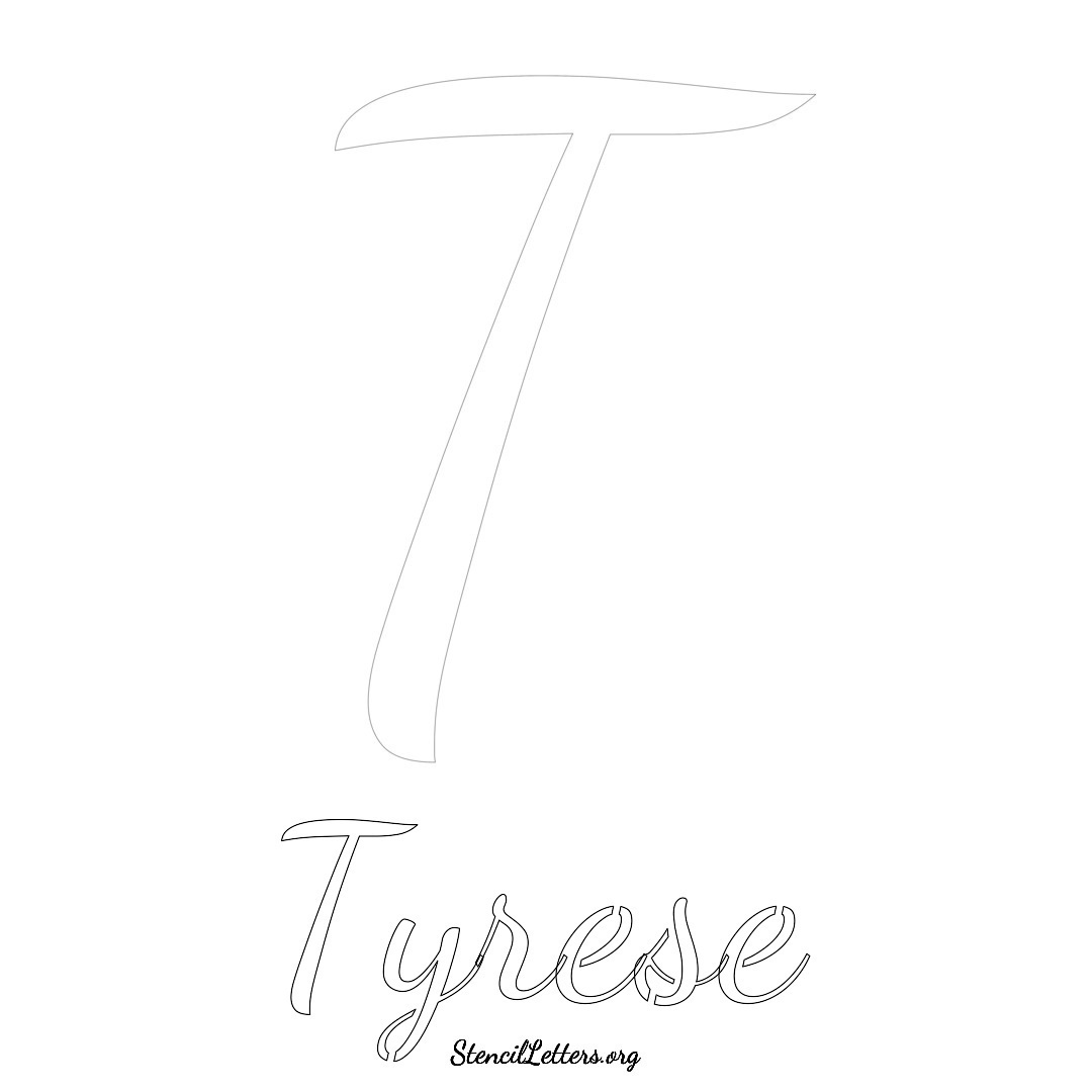 Tyrese printable name initial stencil in Cursive Script Lettering