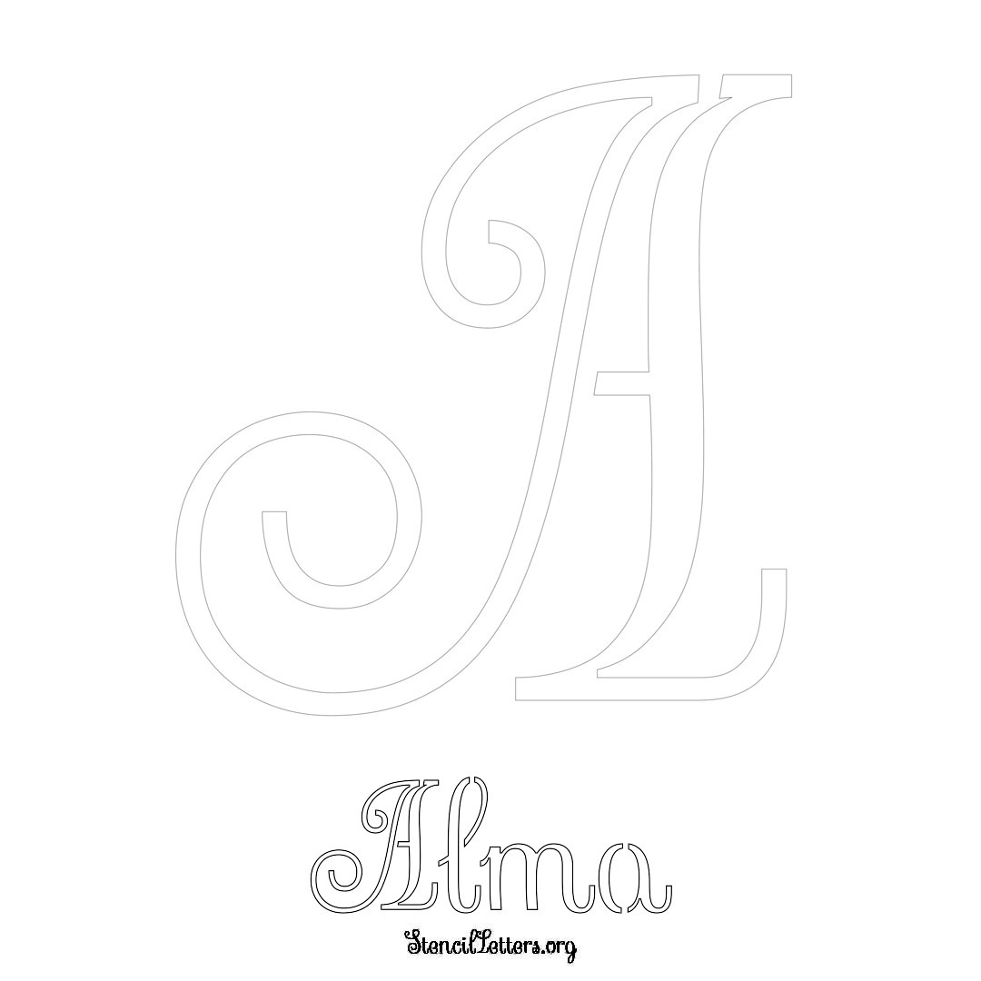 Alma printable name initial stencil in Ornamental Cursive Lettering