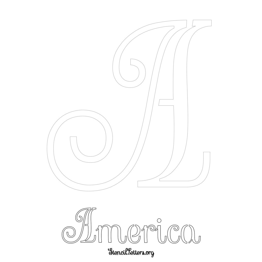 America printable name initial stencil in Ornamental Cursive Lettering