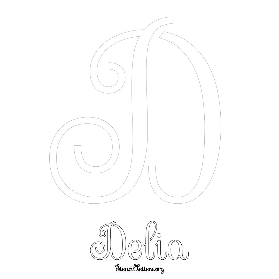 Delia printable name initial stencil in Ornamental Cursive Lettering