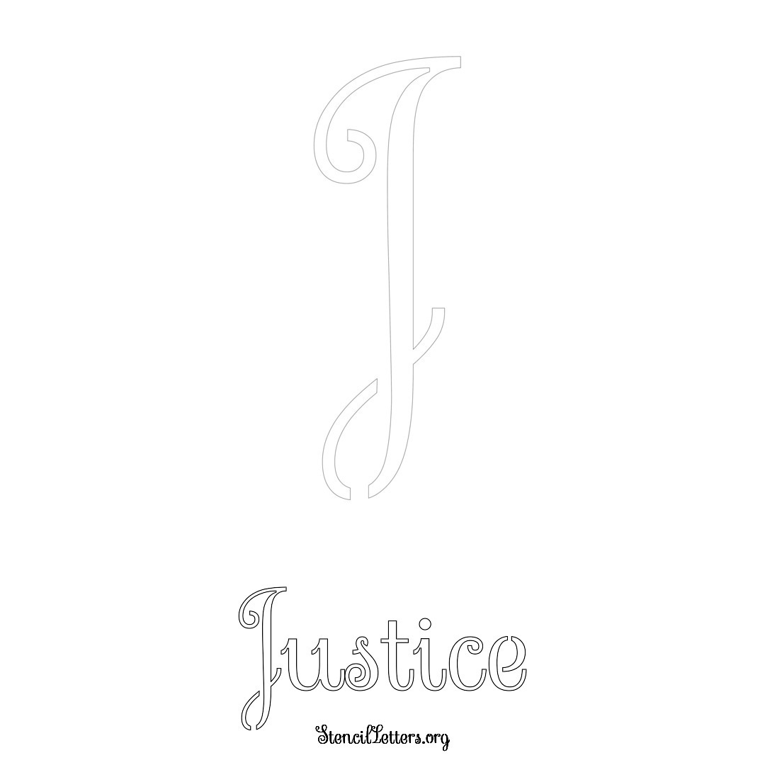 Justice printable name initial stencil in Ornamental Cursive Lettering