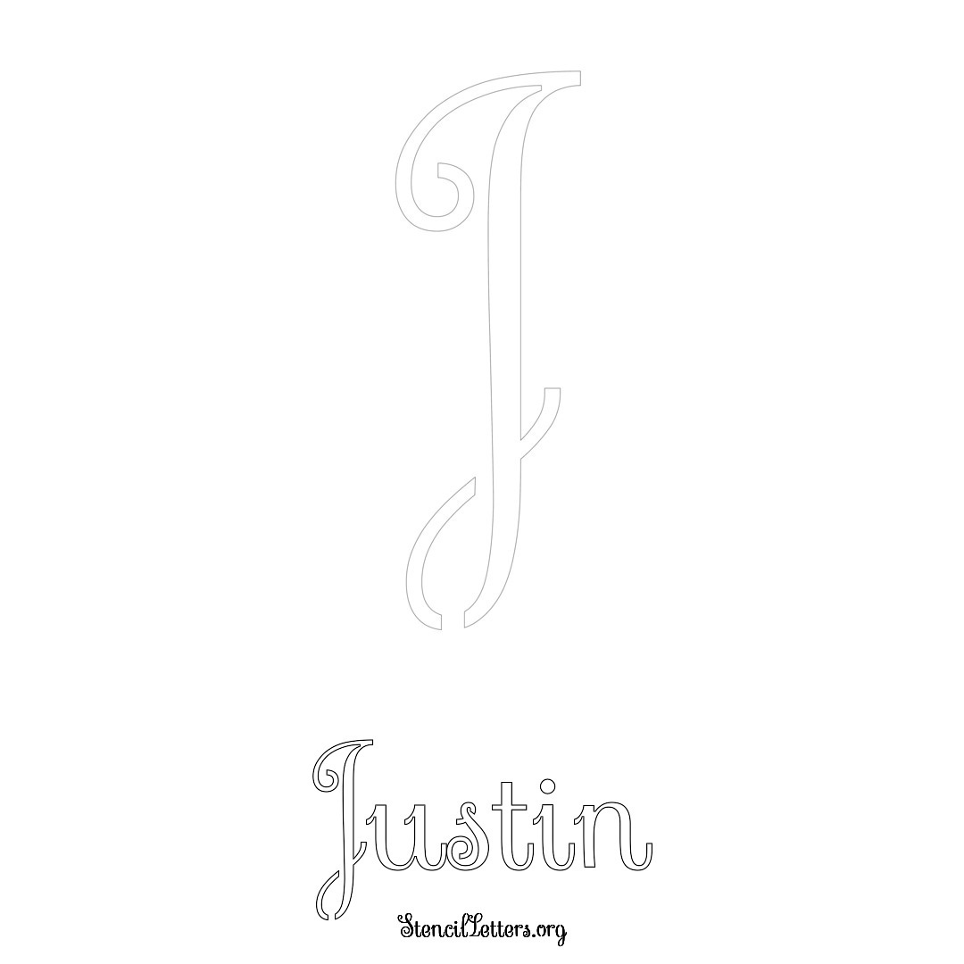 Justin printable name initial stencil in Ornamental Cursive Lettering