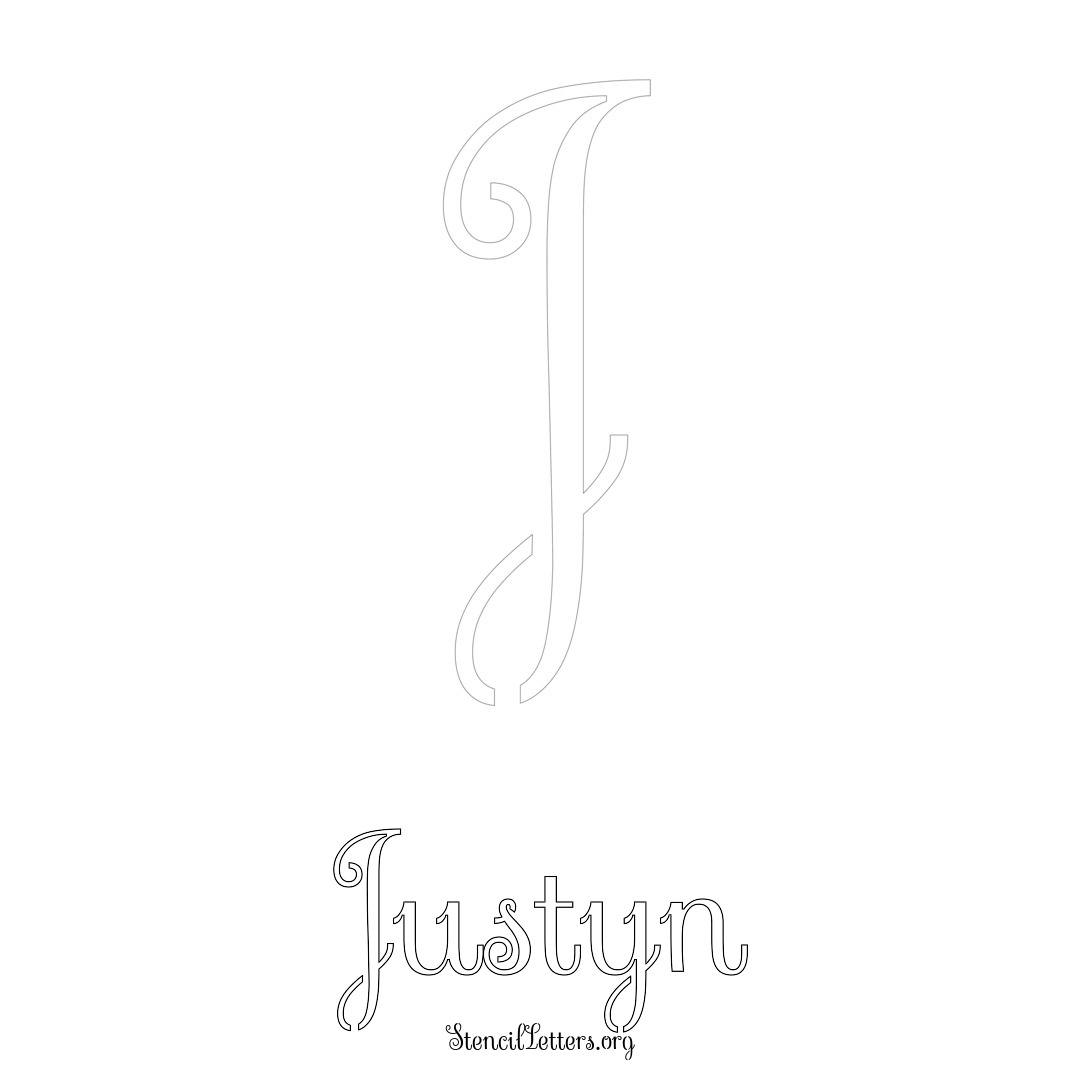 Justyn printable name initial stencil in Ornamental Cursive Lettering