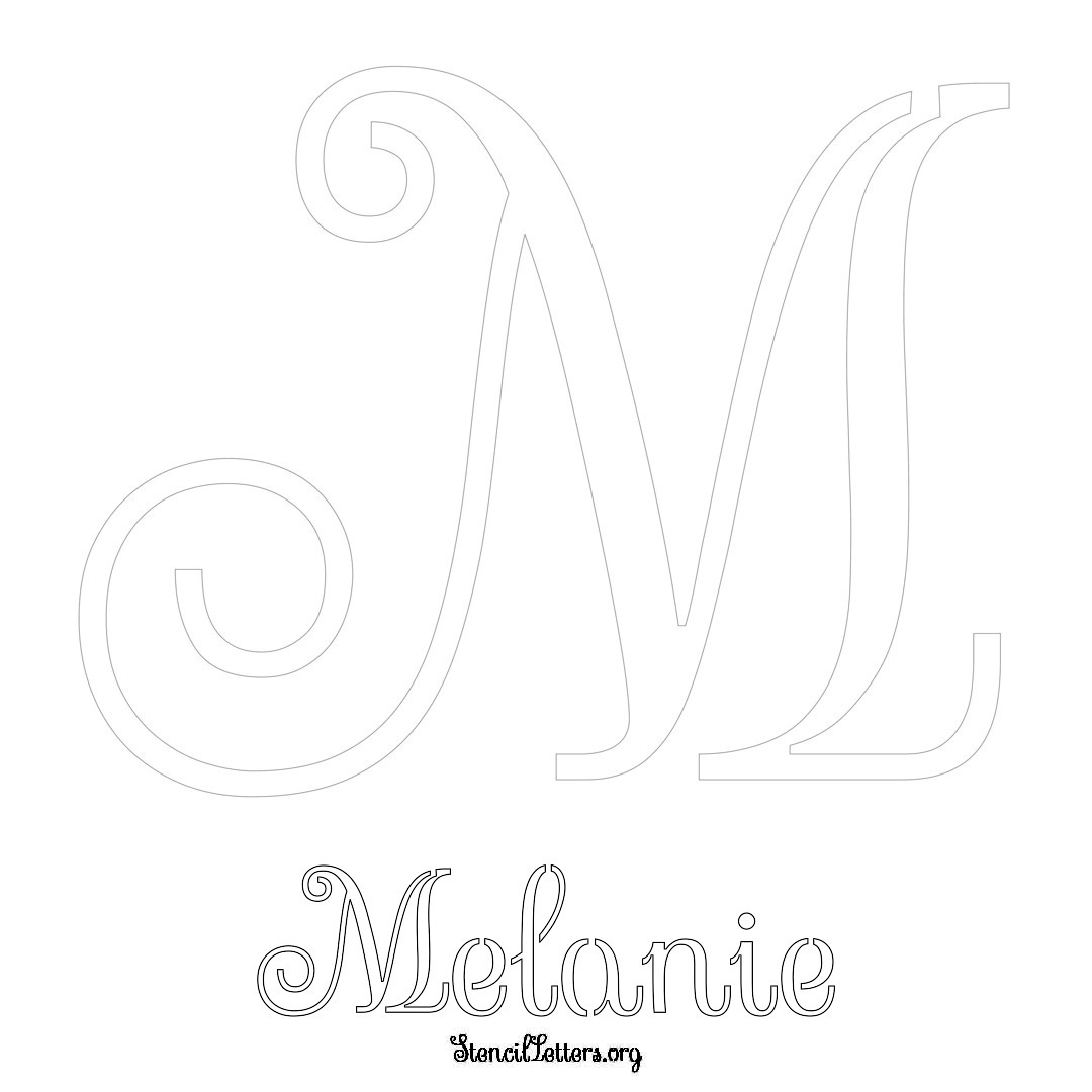 Melanie printable name initial stencil in Ornamental Cursive Lettering