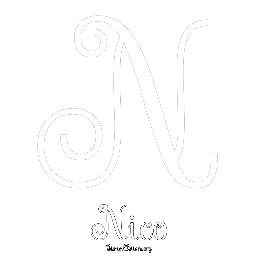 Nico printable name initial stencil in Ornamental Cursive Lettering