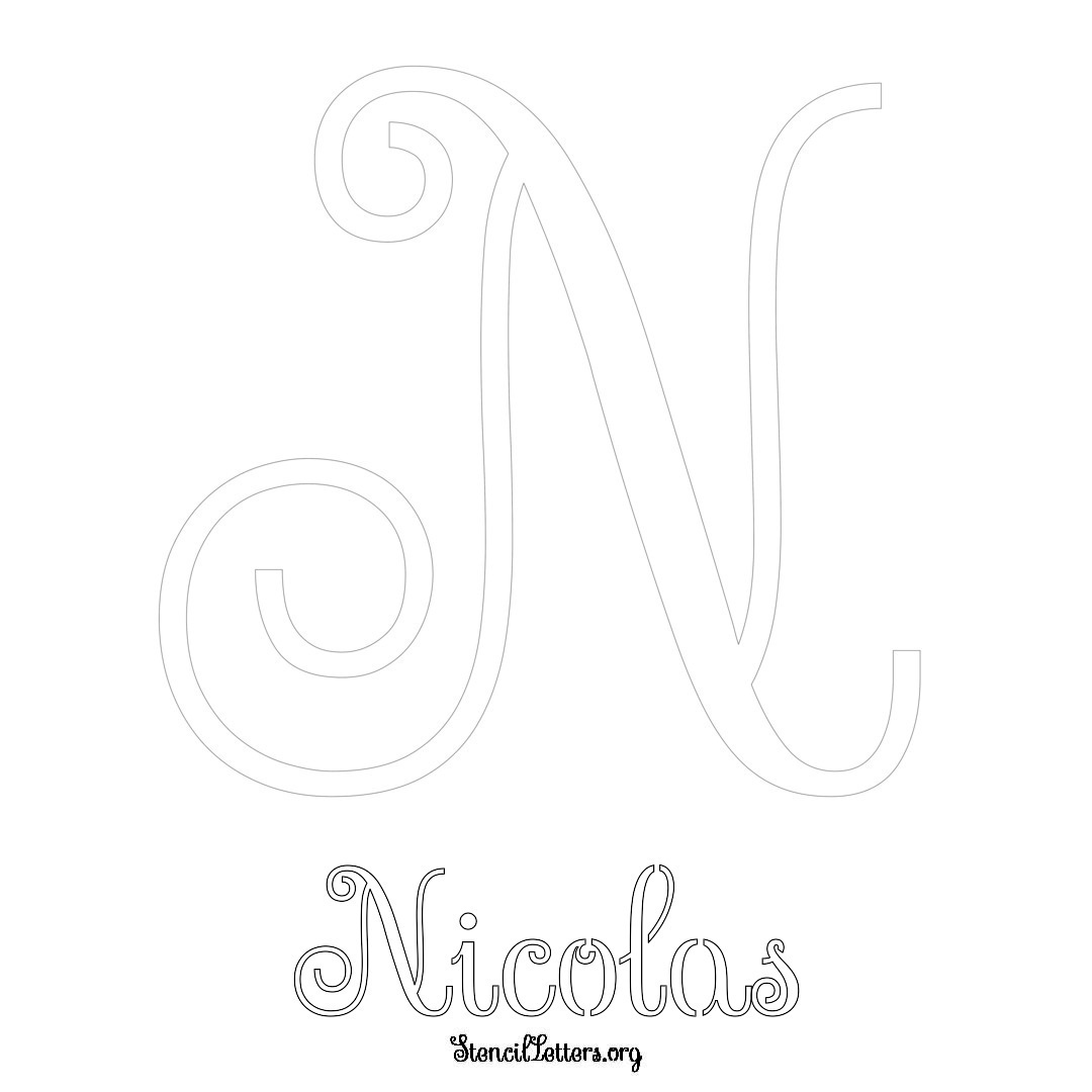 Nicolas printable name initial stencil in Ornamental Cursive Lettering