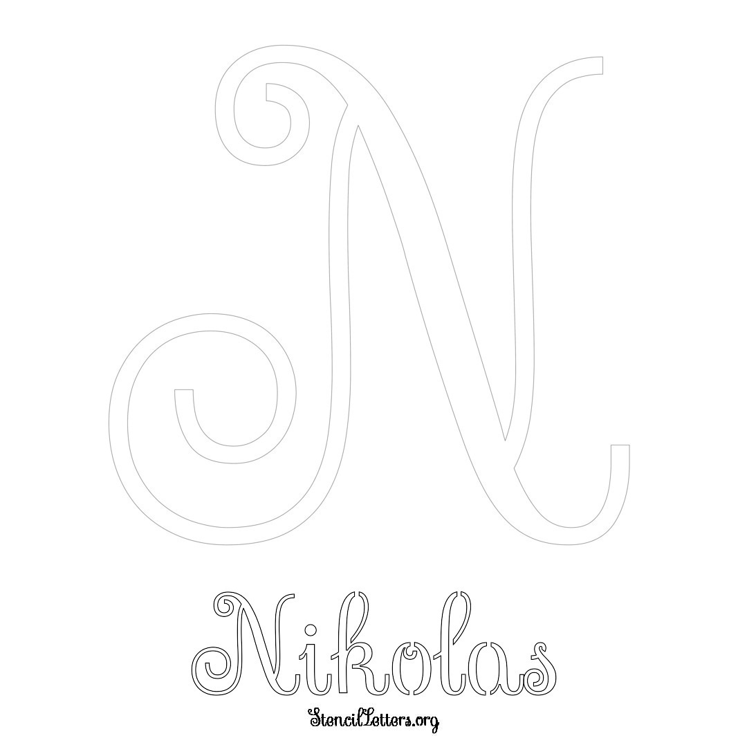 Nikolas printable name initial stencil in Ornamental Cursive Lettering