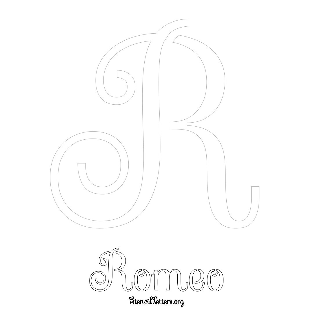 Romeo printable name initial stencil in Ornamental Cursive Lettering