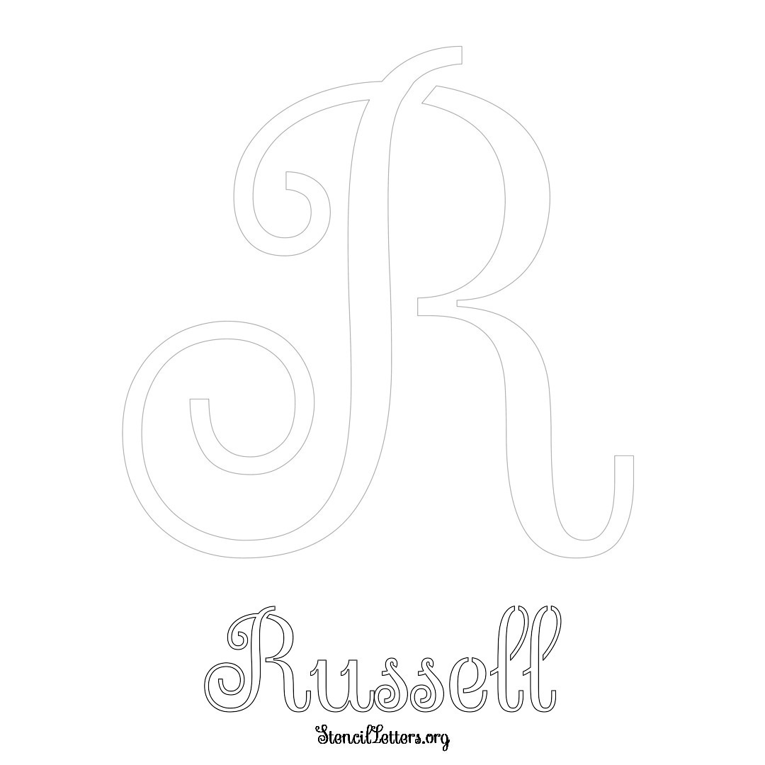 Russell printable name initial stencil in Ornamental Cursive Lettering