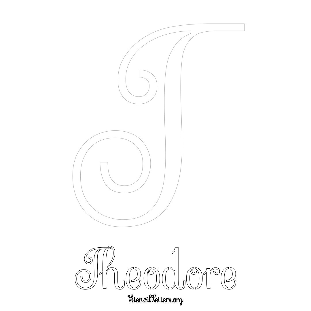 Theodore printable name initial stencil in Ornamental Cursive Lettering