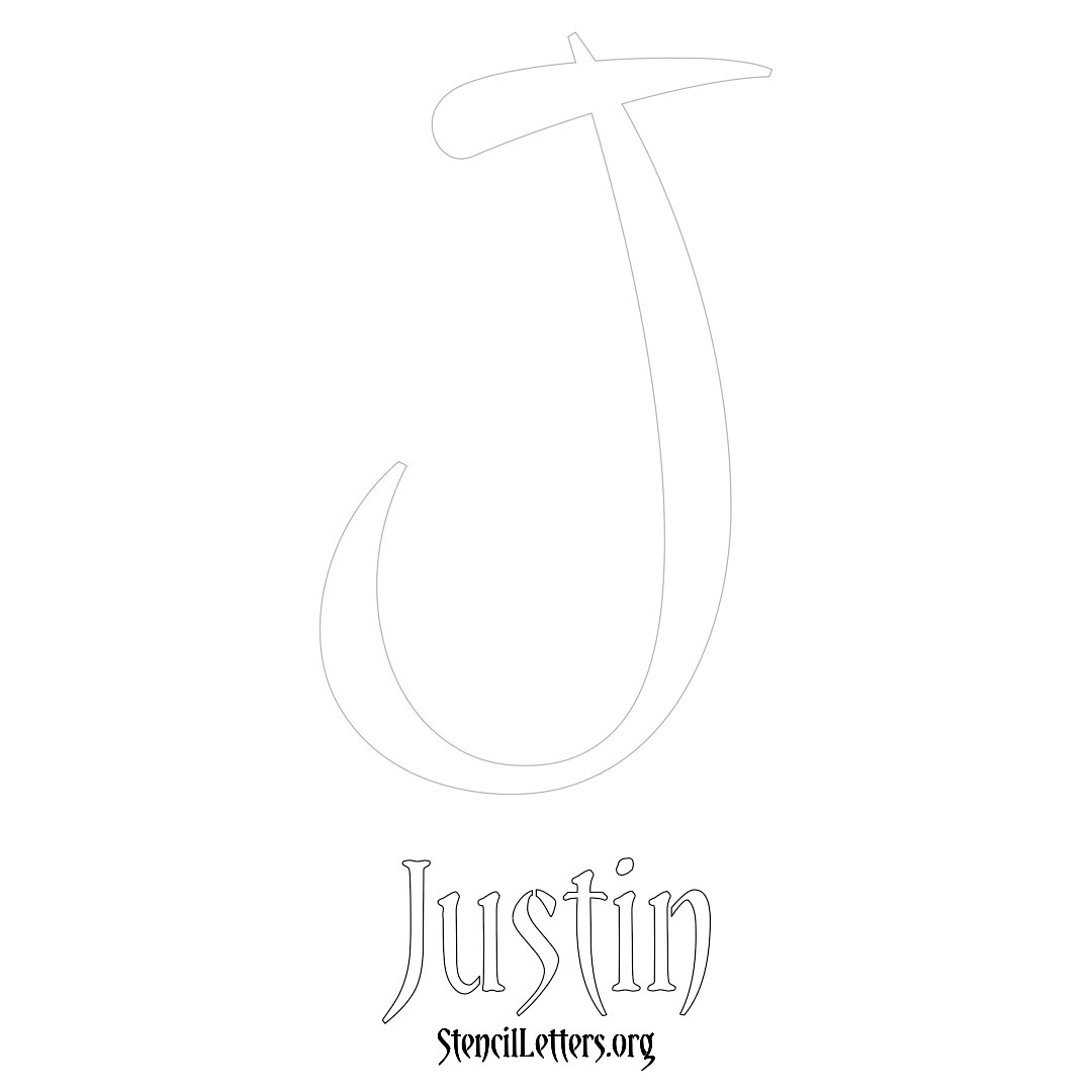 Justin printable name initial stencil in Vintage Brush Lettering